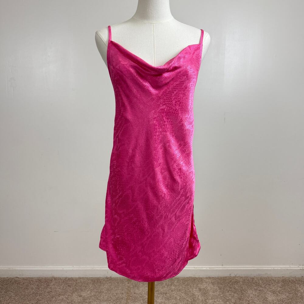Zara dress pink Jacquard cowl neck mini slip dress Size Large Open Back